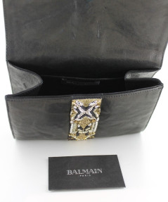 Pochette BALMAIN carrée en cuir noir et broderies or et argent